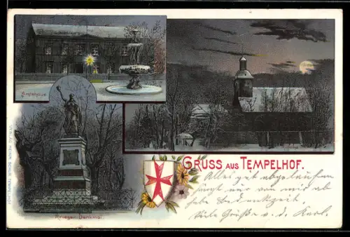 Lithographie Tempelhof, Amthaus, Kirche, Krieger-Denkmal