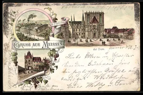 Lithographie Meissen, Der Dom, Kgl. Porzellanfabrik, Burgtor