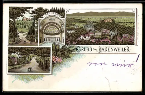 Lithographie Badenweiler, Marmorbad, Partie im Park, Ortsansicht aus der Vogelschau