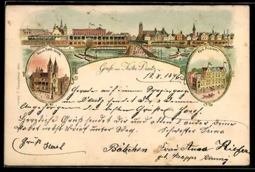 Lithographie Köln-Deutz, Panorama, Neue Kath. Kirche, Kais. Postamt