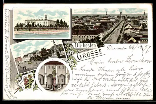 Lithographie Dessau, Denkmal, Strassenpartie mit Strassenbahn