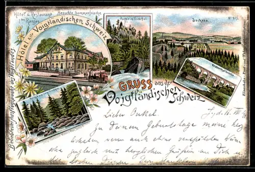 Lithographie Jocketa, Hotel zur Voigtländischen Schweiz /Triebthal, Hotel zur Voigtländischen Schweiz, Elsterthalbrücke