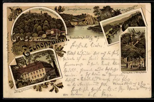Lithographie Frankenberg / Sachsen, Zschopauthal, Schloss Lichtenwalde, Harras Eiche und Harras Denkmal
