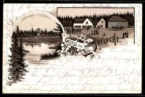 Lithographie Oppenau, Gasthaus Zuflucht, Schwabenschanz und Aussichtsturm