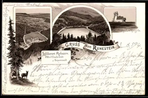 Lithographie Ruhestein /Freudenstadt, Wildsee, Signalthurm Hornisgrinde