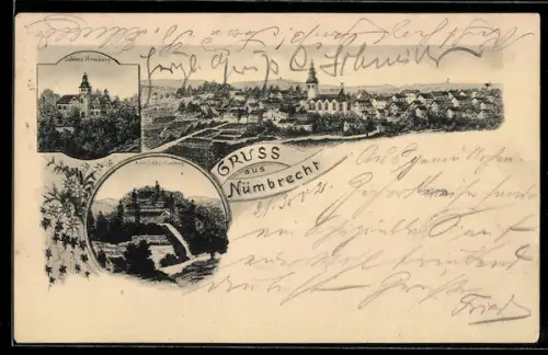 Lithographie Nümbrecht, Ortsansicht mit Schloss Homburg