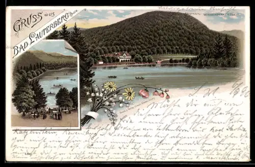 Lithographie Bad Lauterberg i. Harz, Wiesenbeckerteich mit Gasthaus