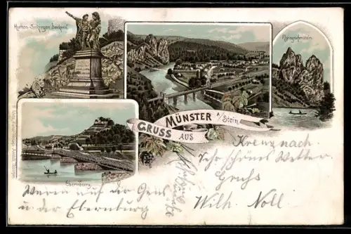 Lithographie Münster a. Stein, Rheingrafenstein, Ebernburg, Hutten-Sickingen Denkmal