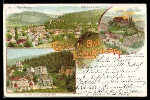 Lithographie Bad Elgersburg, Schloss, Kuranstalt und Villen