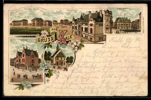 Lithographie Köln-Kalk, Rathaus, Kronprinz-Kaserne, Offizierskasino