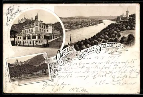 Lithographie Stolzenfels, Schloss Stolzenfels, Hotel Lahneck