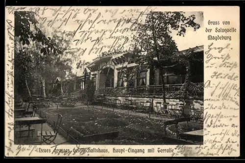 AK Magdeburg, Gasthaus, Haupt-Eingang mit Terrasse