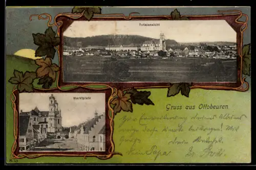 AK Ottobeuren, Totalansicht des Ortes, Marktplatz