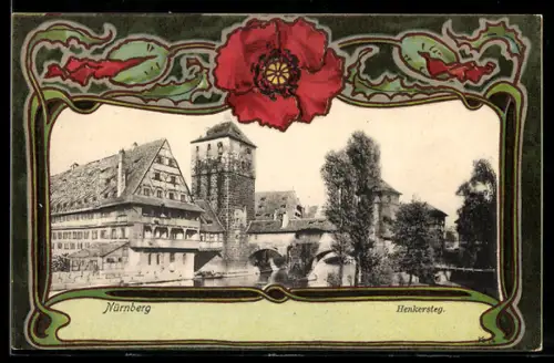 AK Nürnberg, Henkersteg im Jugendstil-Passepartout mit Mohn