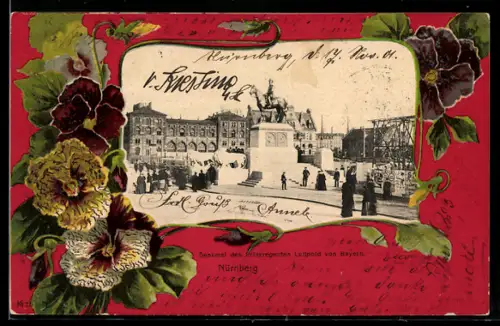 AK Nürnberg, Denkmal des Prinzregenten Luitpold von Bayern im Jugendstil-Passepartout