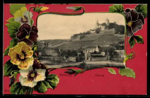AK Würzburg, Festung im Jugendstil-Passepartout mit Blumen
