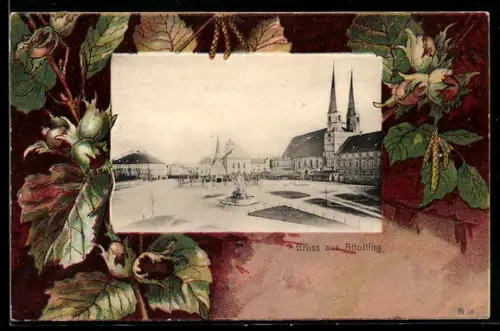 AK Altötting, Partie am Marktplatz im Jugendstil-Passepartout