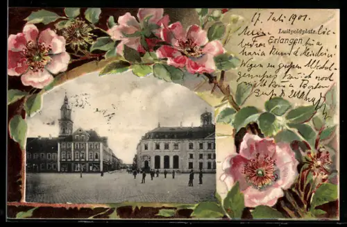 AK Erlangen, Luitpoldplatz im Jugendstil-Passepartout mit Blumen