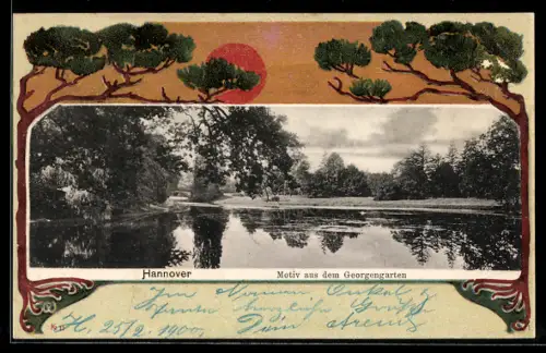 AK Hannover, Motiv aus dem Georgengarten im Jugendstil-Passepartout