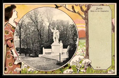 Lithographie Berlin-Tiergarten, Blick in die Siegesallee im Jugendstil-Passepartout