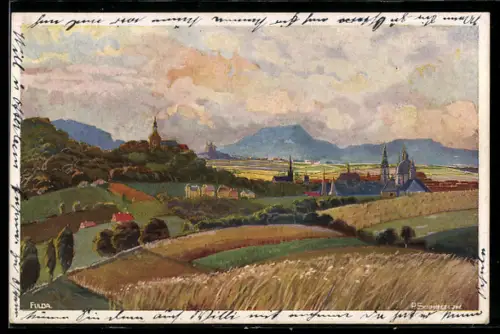 Künstler-AK Fulda, Landschafts- und Ortspanorama mit Kirchtürmen
