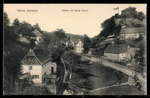 AK Rathen, Panorama mit Blick auf Burg-Ruine