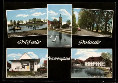 AK Grohnde /Weserbergland, Kirche, Weserfähre, Platanenallee