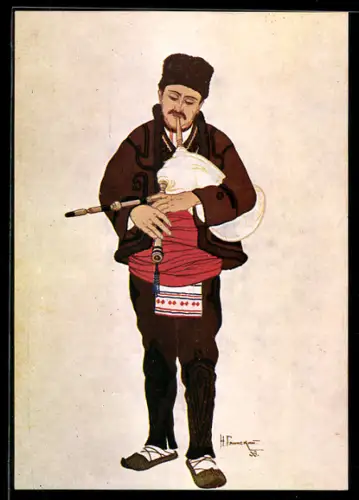 AK Mann mit Fellmütze spielt auf einem Dudelsack