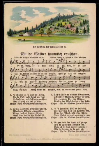 Lied-AK Anton Günther Nr. 30: Spitzberg bei Gottesgab, Wu de Walder haamlich rauschen