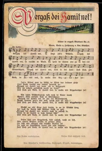 Lied-AK Anton Günther Nr. 47: Vergass di Hamit net!, mit Naturpanorama