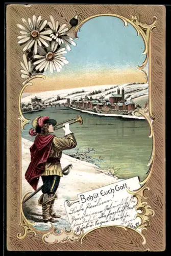 AK Behüt Dich Gott!, Trompeter am Ufer vor der Stadt im Winter