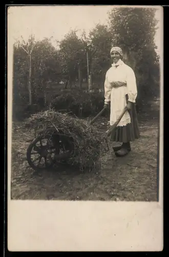 Foto-AK Bäuerin mit Schubkarre voller Gras
