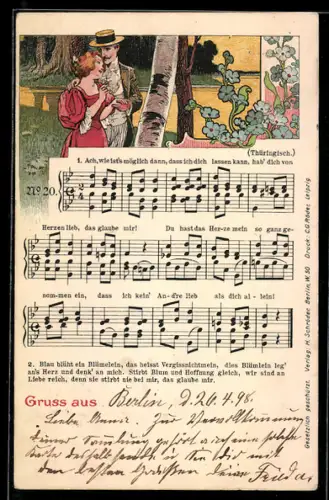 Lithographie Pärchen neben Vergissmeinnicht, Blau blüht ein Blümelein, das heisst Vergissnichtmein, Lied