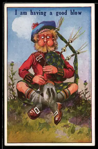 AK Sitzender Mann im Kilt mit Dudelsack