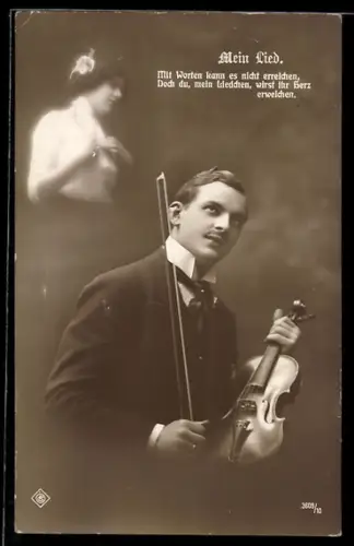 Foto-AK Nachdenklicher Violinist unter der Erscheinung einer jungen Frau