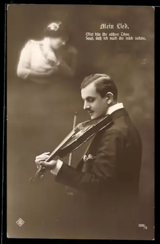 Foto-AK Konzentrierter Violinist unter der Erscheinung einer jungen Frau