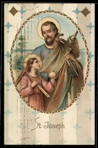 AK Der heilige St. Joseph mit einem kleinen Mädchen an der Hand, Glückwunsch zum Namenstag