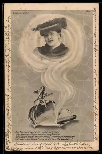 AK Portrait einer Frau im Rauch einer Zigarre in einer Muschel