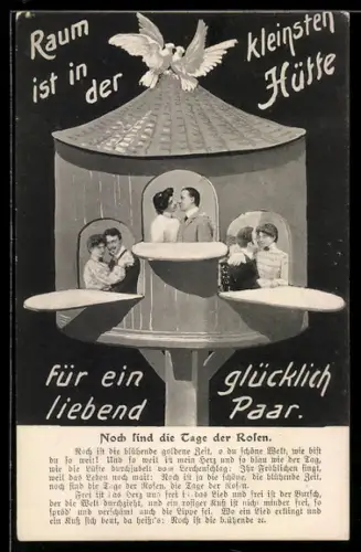 AK Drei Paare in einem Vogelhaus unter weissen Tauben