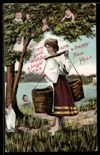 AK Frau mit Körben am Ufer, umgeben von Kleinkindern