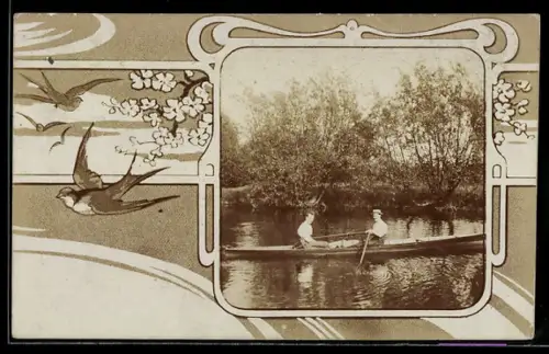 Foto-AK Zwei Personen in einem Ruderboot auf einem See im Passepartout mit Schwalben