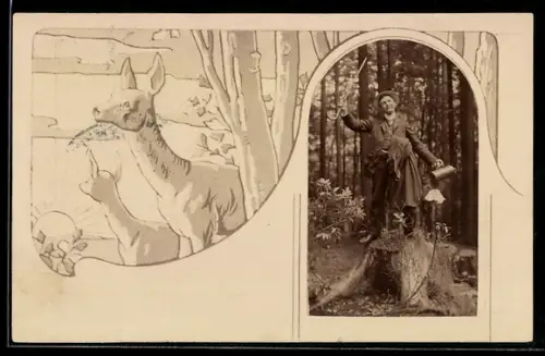 Foto-AK Lachender Herr mit Gehstock und Bierkrug auf einem Baumstumpf im Passepartout mit Rehen