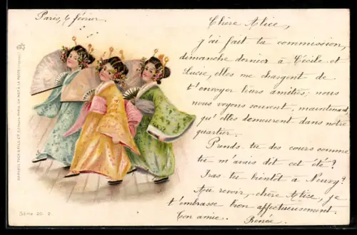 AK Drei junge Geisha mit Fächern