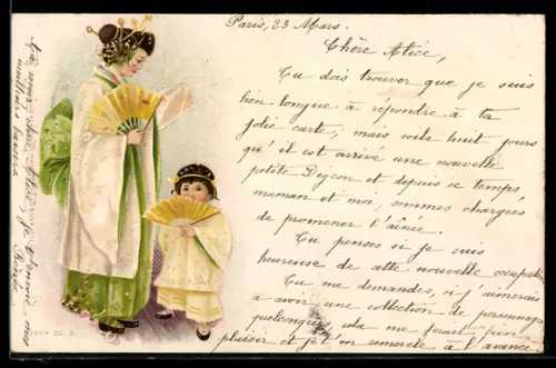 Lithographie Geisha mit Fächer, daneben ein kleines Kind