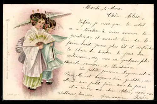 Lithographie Geisha mit Regenschirm und Fächer