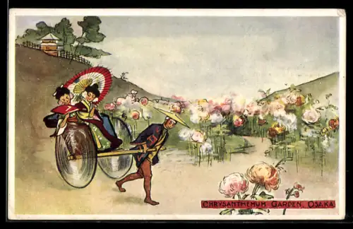 AK Geisha mit Regenschirm auf einer Rikscha