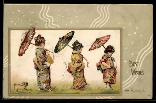 Lithographie Geisha mit Regenschirmen und Hund