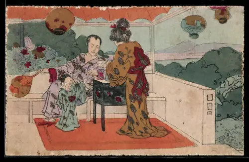 AK Geisha bei einem Mann mit Kind