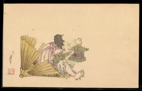 AK Mann mit Laterne sitzt in einem Regenschirm