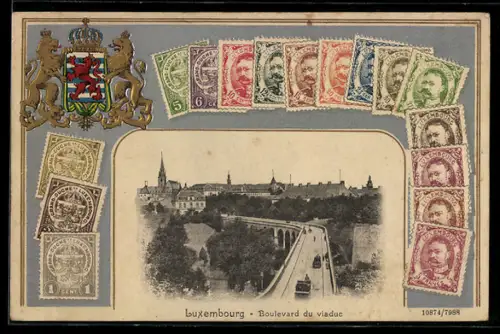 AK Luxembourg, Boulevard du Viaduc, Briefmarken und Wappen
